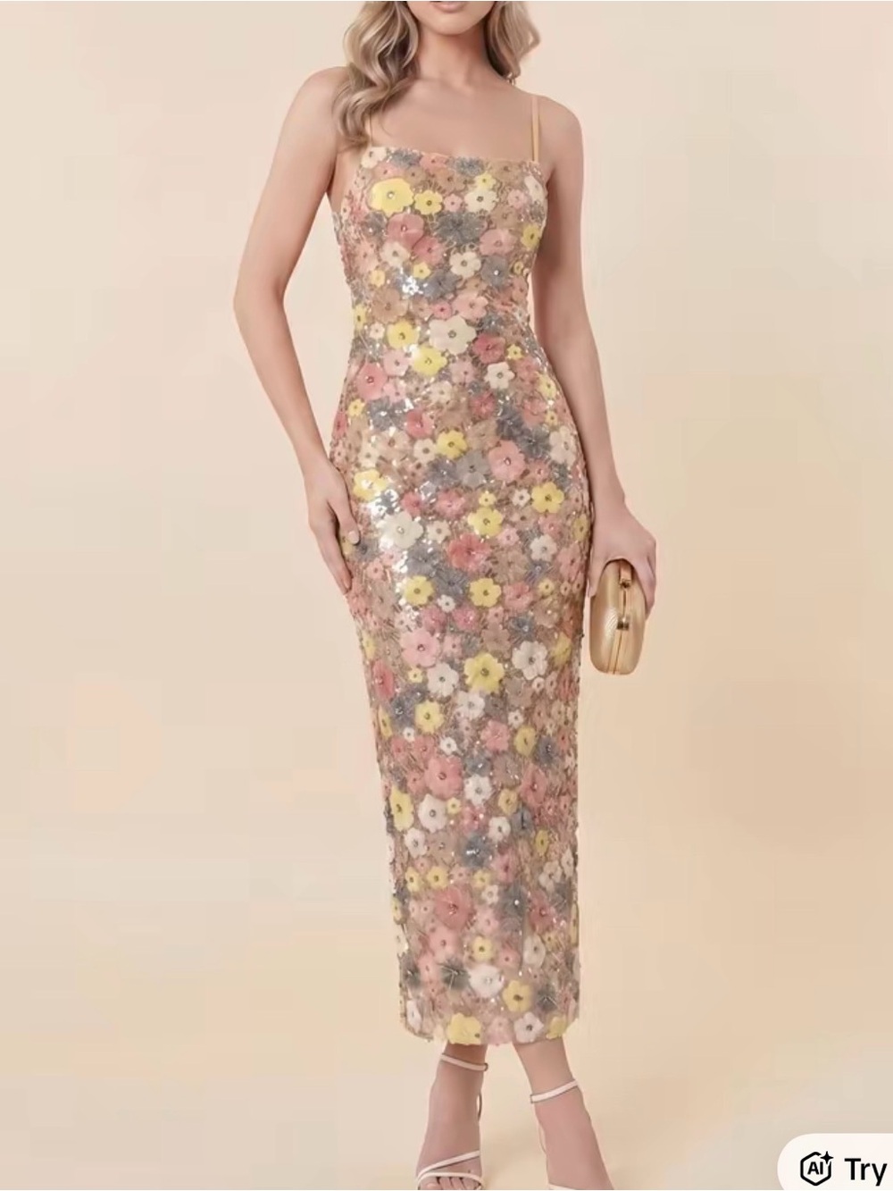 Pastel Floral Sequin Midi Dress with Spaghetti Straps